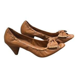 B. Makowsky‎ Leather Peep Toe Heels Bow Detail Tan Brown Women Size 8.5M
